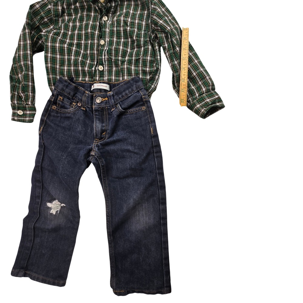 Boys OshKosh Plaid Shirt and Levis 514 Straight Jeans Set Green Blue Size 4T‎ - Picture 5 of 16